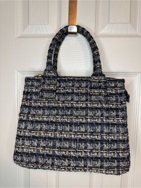 J. Crew Navy and Cream Tweed Top-Handle Tote